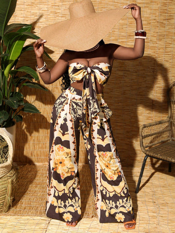 Women's Bowknot Decor Strapless Top And Pants Vacation Set