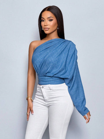 Slayr Women's Bule Color One Shoulder Pleated Long Sleeve Blouse