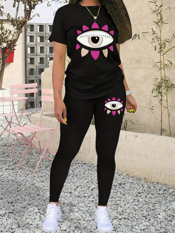 Women's Cartoon Eyes Pattern Short Sleeve 2pcs/Set