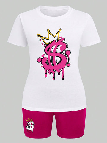 Women's Cartoon Pattern Short Sleeve T-Shirt And Cycling Shorts Summer Two Piece Outfits