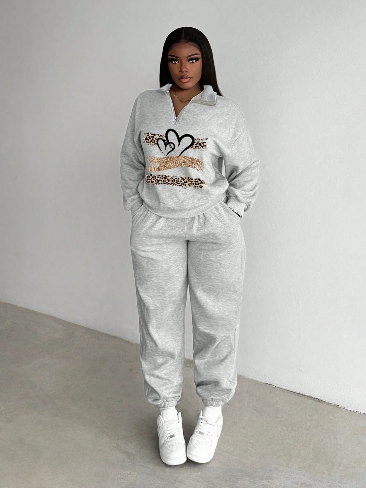 Women's Casual High Collar Half Zip Long Sleeve Thick Fleece Sweatshirt And Long Pants Set, Suitable For Autumn/Winter