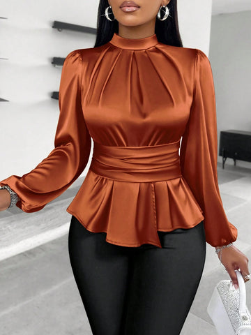 Slayr Women's Casual High Neck Peplum Waist Satin Blouse