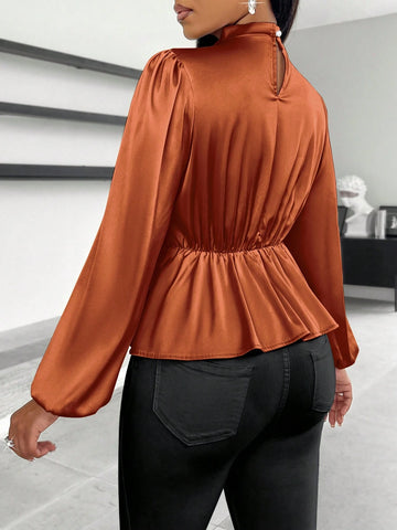 Slayr Women's Casual High Neck Peplum Waist Satin Blouse