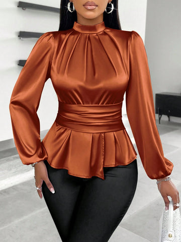 Slayr Women's Casual High Neck Peplum Waist Satin Blouse