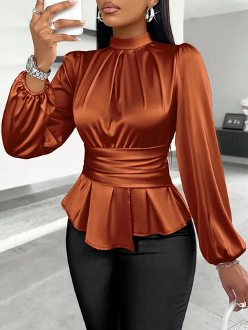 Slayr Women's Casual High Neck Peplum Waist Satin Blouse