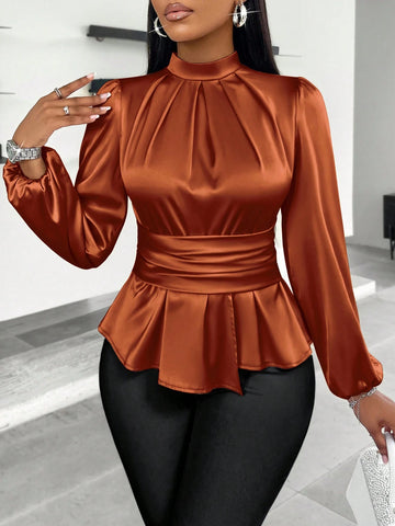 Slayr Women's Casual High Neck Peplum Waist Satin Blouse