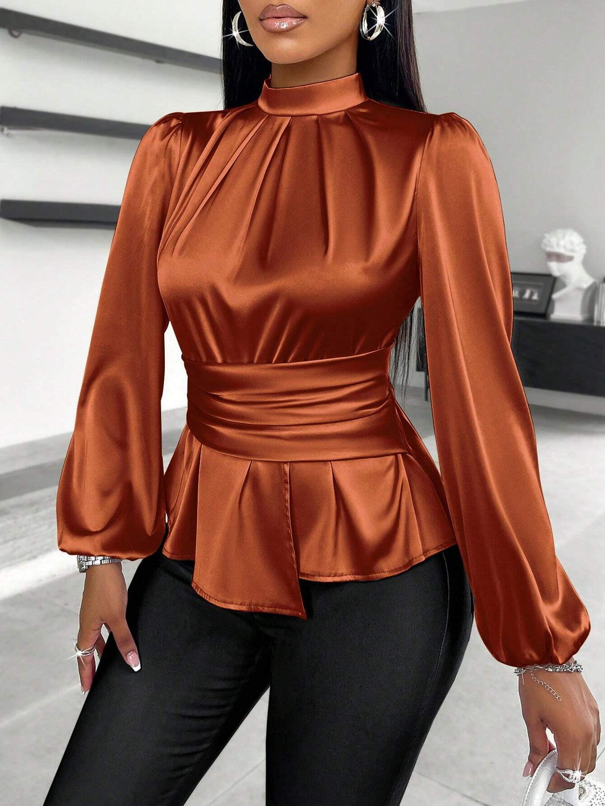 Slayr Women's Casual High Neck Peplum Waist Satin Blouse