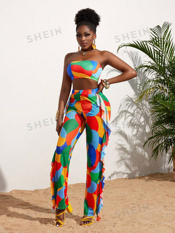 Women's Casual Holiday Color Block Tube Top & Ruffle Side Straight Pants Two Piece Set