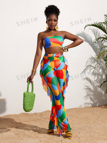 Women's Casual Holiday Color Block Tube Top & Ruffle Side Straight Pants Two Piece Set