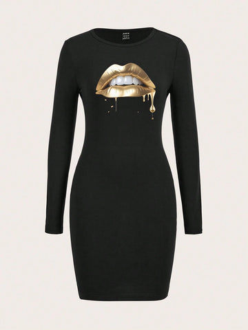 Women's Casual Simple Lips Pattern Long Sleeve Dress Spring And Autumn