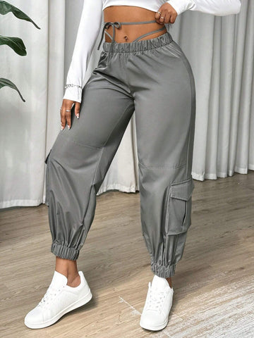 Slayr Women's Casual Solid Color Parachute Trousers With Pocket And Tie Design