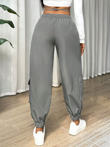 Slayr Women's Casual Solid Color Parachute Trousers With Pocket And Tie Design