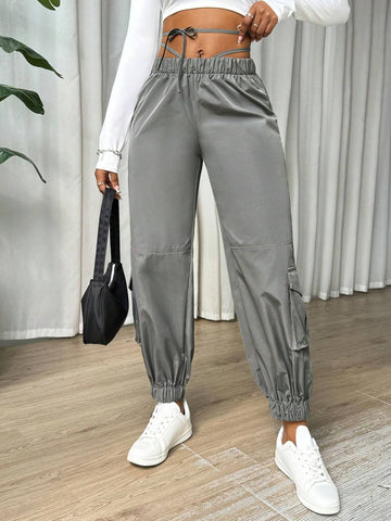 Slayr Women's Casual Solid Color Parachute Trousers With Pocket And Tie Design