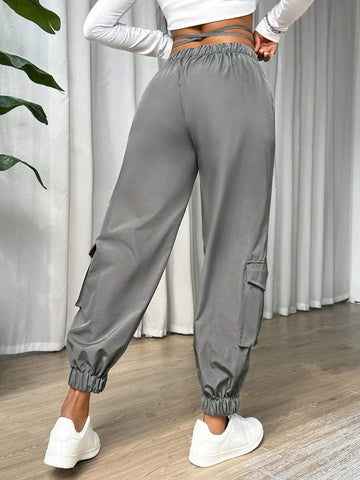 Slayr Women's Casual Solid Color Parachute Trousers With Pocket And Tie Design
