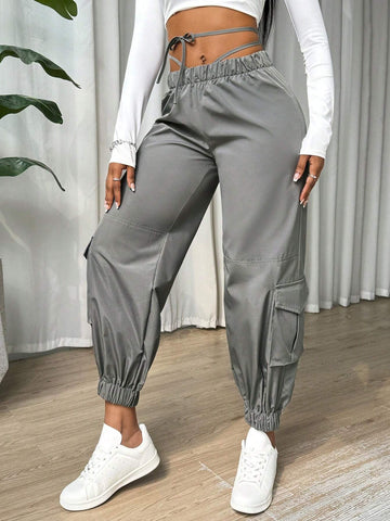 Slayr Women's Casual Solid Color Parachute Trousers With Pocket And Tie Design