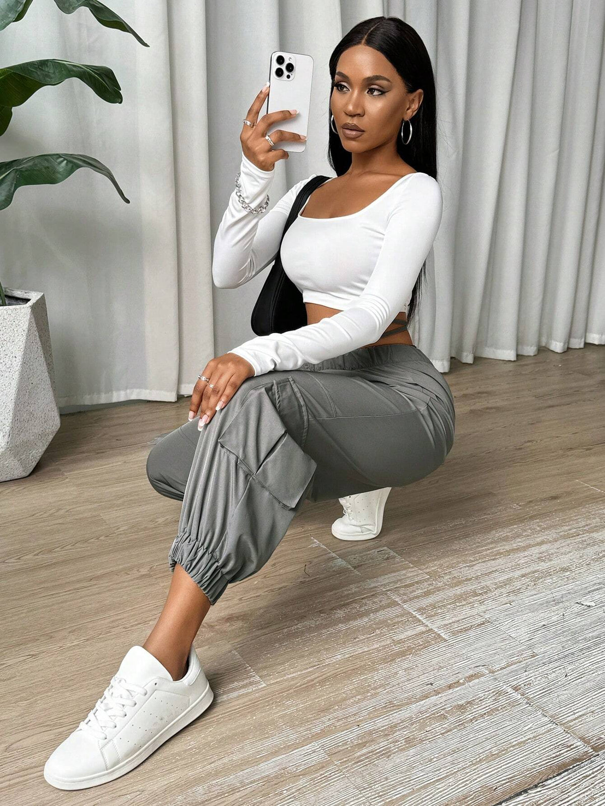 Slayr Women's Casual Solid Color Parachute Trousers With Pocket And Tie Design