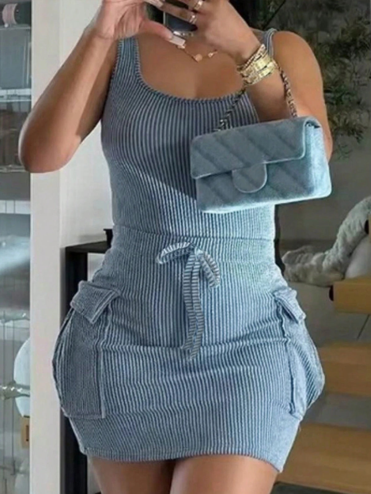 Women's Casual Tie Front Pocket Mini Dress With Wide Straps