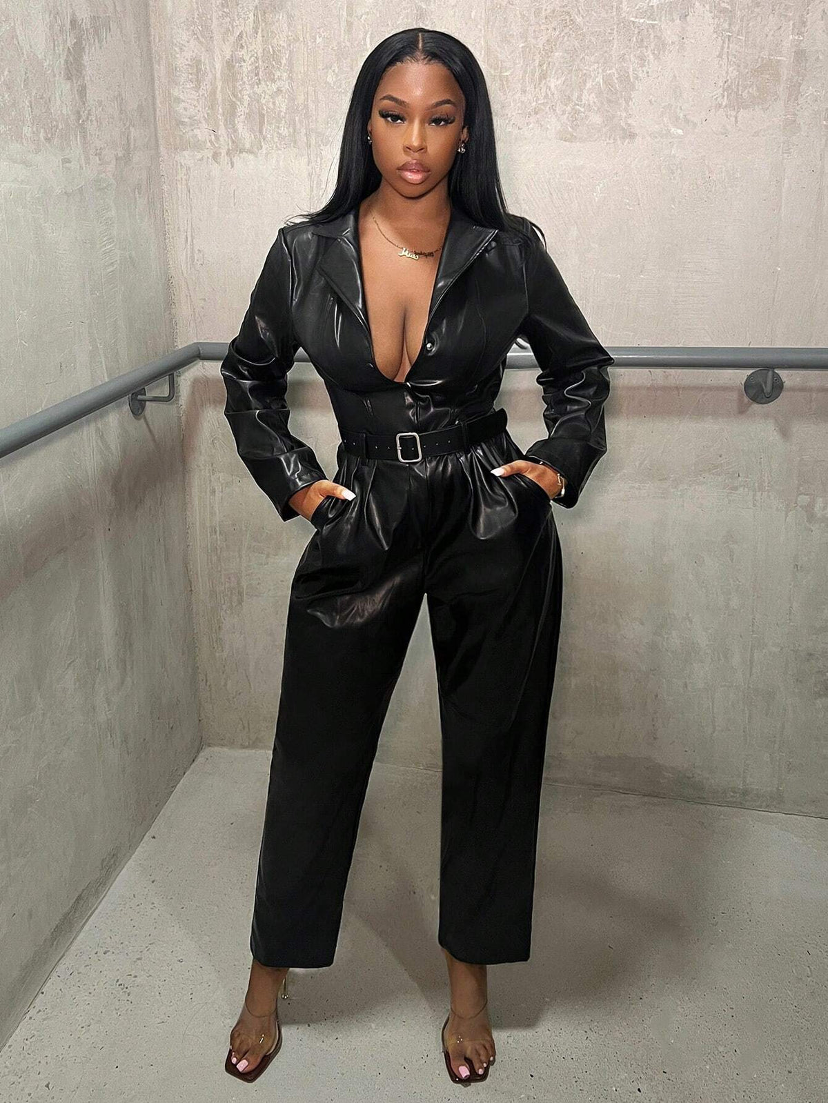 Women's Collared Long Sleeve Cinched Waist Jumpsuit