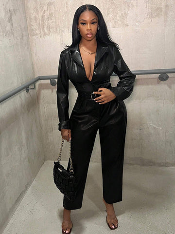 Women's Collared Long Sleeve Cinched Waist Jumpsuit