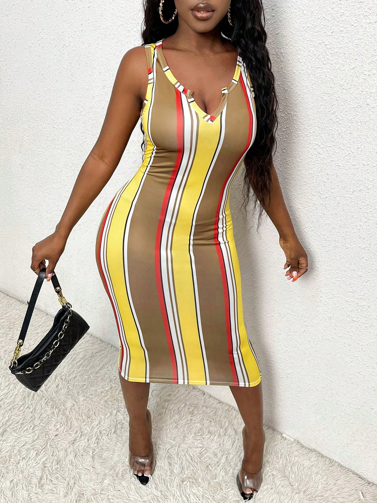 Women's Color Block Striped Notched Neck Slim Fit Midi Dress