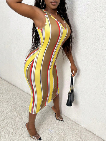 Women's Color Block Striped Notched Neck Slim Fit Midi Dress