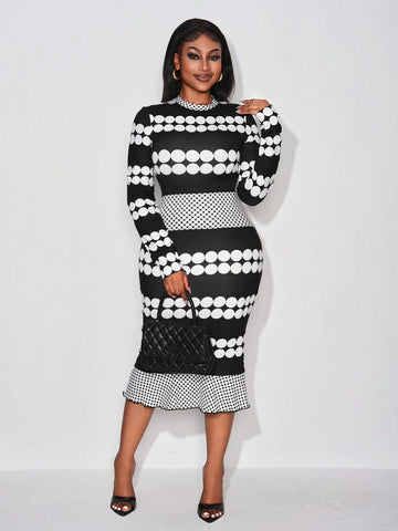 Women's Contrast Color Polka Dot Print Long Sleeve Short Dress