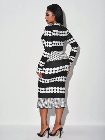 Women's Contrast Color Polka Dot Print Long Sleeve Short Dress