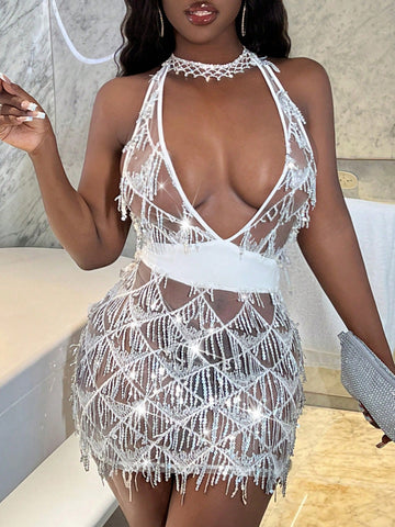 Women's Deep V-Neck Sleeveless Dress With Rhinestone And Tassel Decorated Mesh