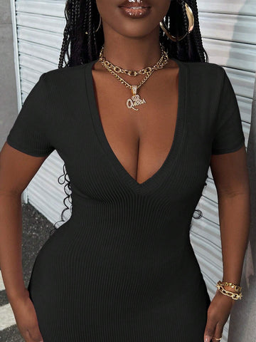 Women's Deep V-Neck Slim Fit Knit Dress