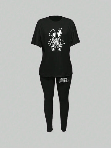 Women's Easter Bunny And Letter Printed T-Shirt And Leggings