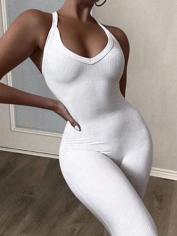 Women's Elastic Sporty Ribbed Knitted Sleeveless Halterneck Skinny Jumpsuit