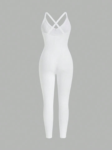 Women's Elastic Sporty Ribbed Knitted Sleeveless Halterneck Skinny Jumpsuit