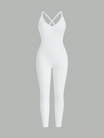 Women's Elastic Sporty Ribbed Knitted Sleeveless Halterneck Skinny Jumpsuit