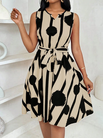 Women's Elegant Geometric Print Tie-Up Mini Dress