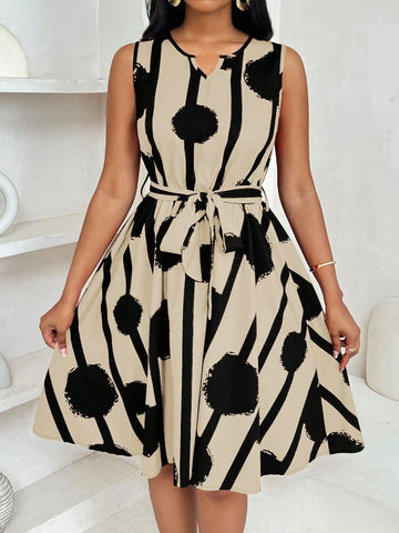 Women's Elegant Geometric Print Tie-Up Mini Dress