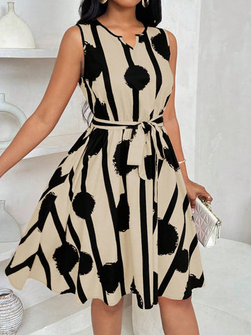 Women's Elegant Geometric Print Tie-Up Mini Dress