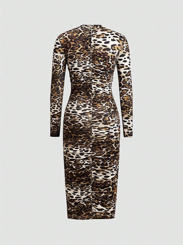 Women's Elegant Leopard Print Pleated Bodycon Dress