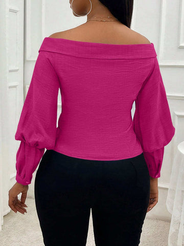 Slayr Women's Elegant Off Shoulder Long Sleeve Denim Feel Cinched Waist Shirt, Fall/Winter