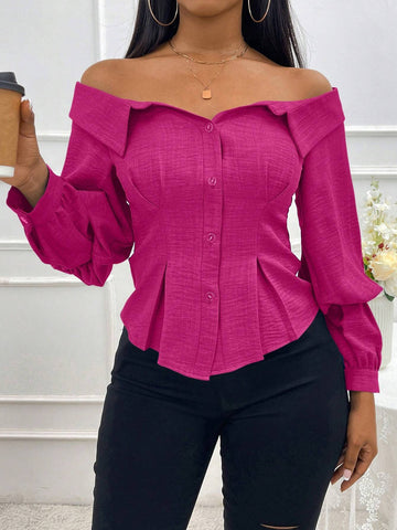 Slayr Women's Elegant Off Shoulder Long Sleeve Denim Feel Cinched Waist Shirt, Fall/Winter