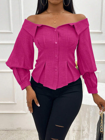 Slayr Women's Elegant Off Shoulder Long Sleeve Denim Feel Cinched Waist Shirt, Fall/Winter