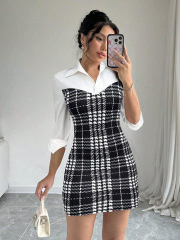 Women's Elegant Plaid & Printed Color Block Dress