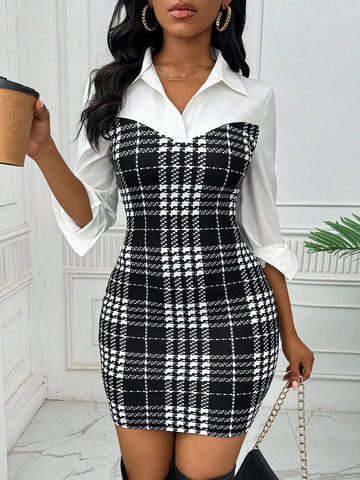 Women's Elegant Plaid & Printed Color Block Dress