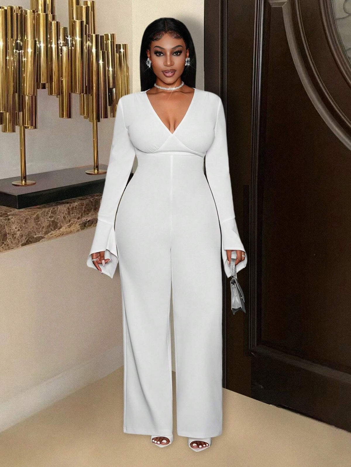 Women's Elegant Solid Color Bell Sleeve Backless Jumpsuit