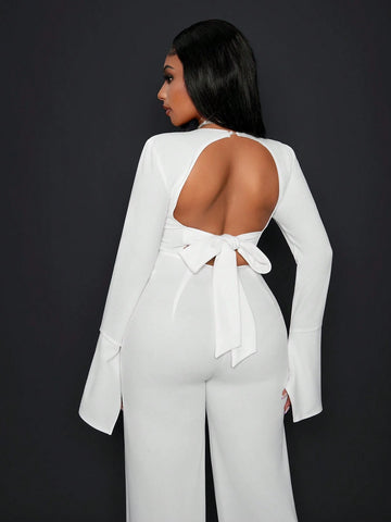 Women's Elegant Solid Color Bell Sleeve Backless Jumpsuit