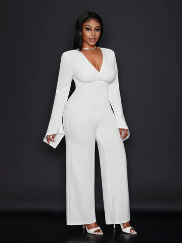 Women's Elegant Solid Color Bell Sleeve Backless Jumpsuit