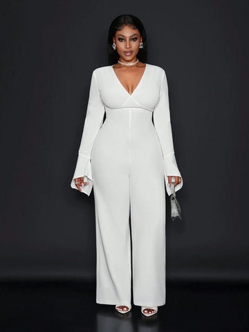 Women's Elegant Solid Color Bell Sleeve Backless Jumpsuit