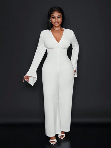 Women's Elegant Solid Color Bell Sleeve Backless Jumpsuit