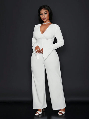 Women's Elegant Solid Color Bell Sleeve Backless Jumpsuit