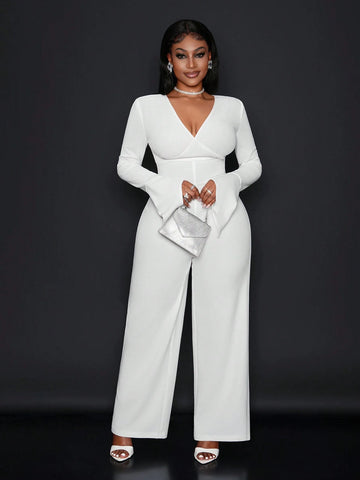 Women's Elegant Solid Color Bell Sleeve Backless Jumpsuit