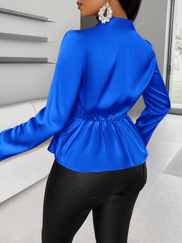 Privé Blue & White Striped Color Block Fitted Flared Sleeve Elegant Office Business Women Shirt